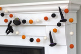 Halloween Decor Garland- Witch Hat, Cauldron, Black Cat- Black Orange White- Fall Autumn Trick or Treat- 1" Felt Balls- 100% Wool