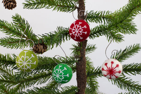 Snowflake Felt Ball Ornaments- Red, Green, White