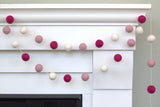 Valentine's Day Garland Decor- Berry, Pink, White Felt Balls- Eco-friendly