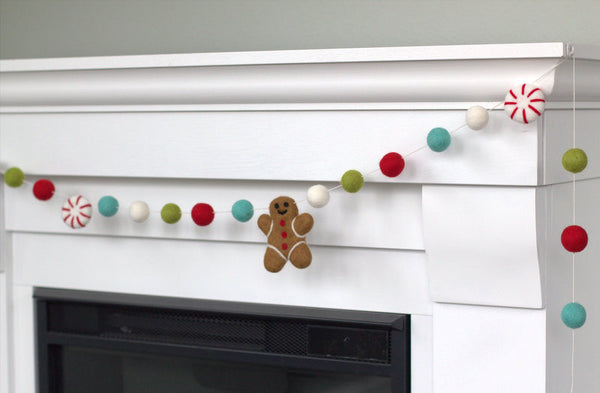 Gingerbread & Peppermint Christmas Felt Garland- Turquoise Red Green