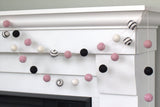 Felt Ball Garland- Swirls & Dots in Black, Baby Pink, White- Valentine's, Nursery Decor, EcoFriendly