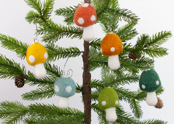 Wool Felt Mushroom Ornaments- Woodland Colors- 6 Pieces