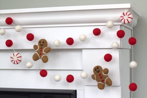 Gingerbread & Peppermint Christmas Felt Garland- Red & White
