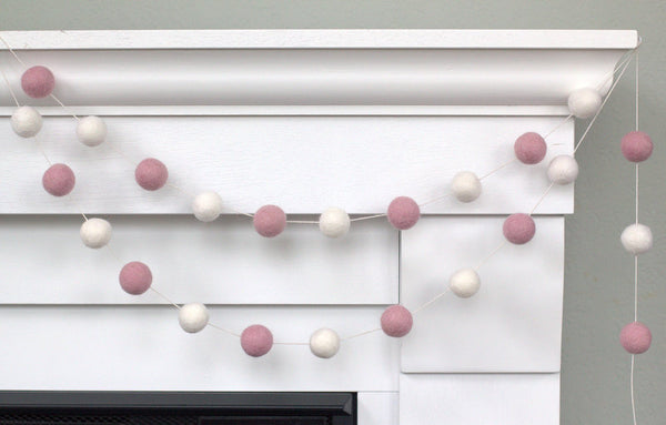Valentine's Day Garland Decor- Baby Pink & White Felt Balls- Eco-friendly