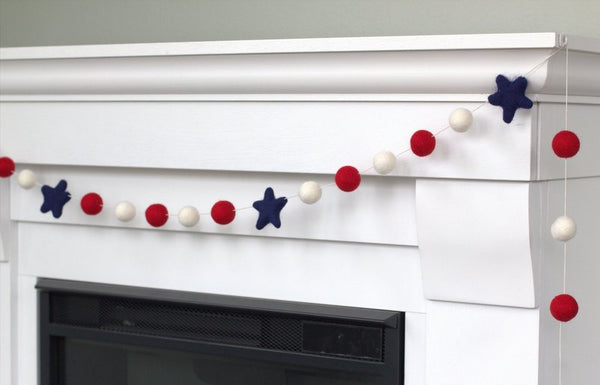 American Flag Fourth of July Garland- Red, White Felt Balls with Navy Blue Stars