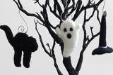 Halloween Ornaments- SET OF 3- Ghost, Cat, Witch Hat