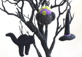 Halloween Ornaments- SET OF 3- Witch Hat, Cauldron, Black Cat