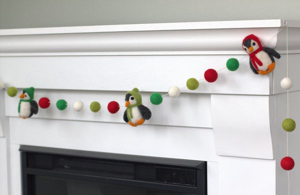 Penguin Felt Garland- Red & Green Penguin & Felt Balls- Christmas Holiday Winter Decor