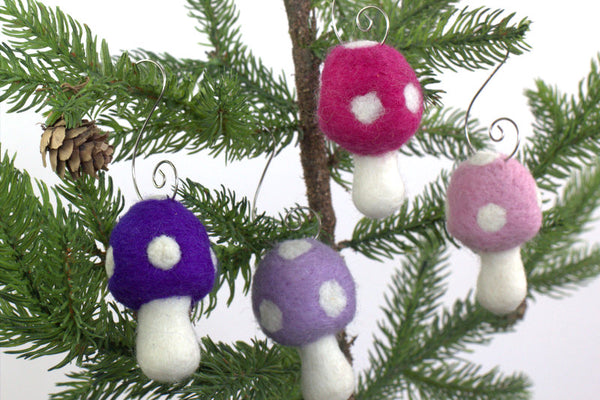 Wool Felt Mushroom Ornaments- Pink & Purple- 4 Pieces