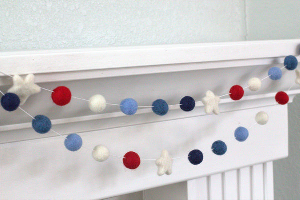 Fourth of July Felt Ball & Star Garland- Red, Shades of Blue