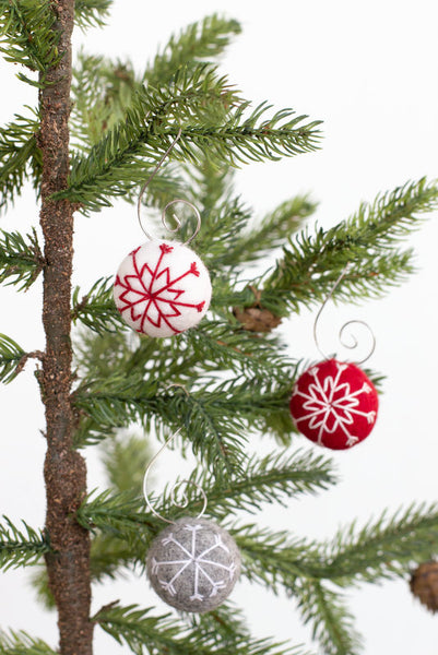 Snowflake Felt Ball Ornaments- Red, Gray, White