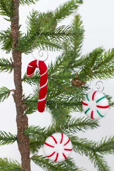 Felt Christmas Tree Ornaments- Peppermint, Candy Cane- SET OF 3