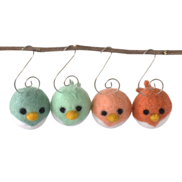 Bird Tree Ornaments- SET OF 4- Teals & Peach Chicks