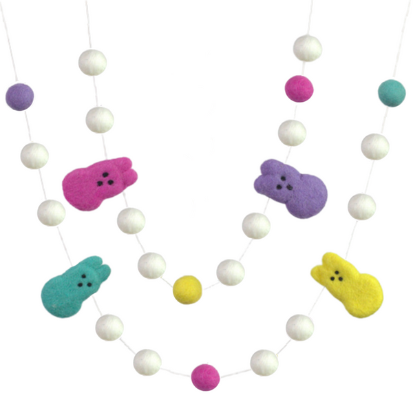 Marshmallow Bunny Easter Garland- White Felt Balls & Bright Bunnies