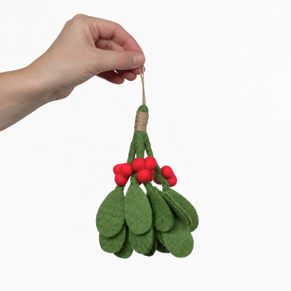 Christmas Mistletoe Sprig- Green with Red Berries, Hanging Twine