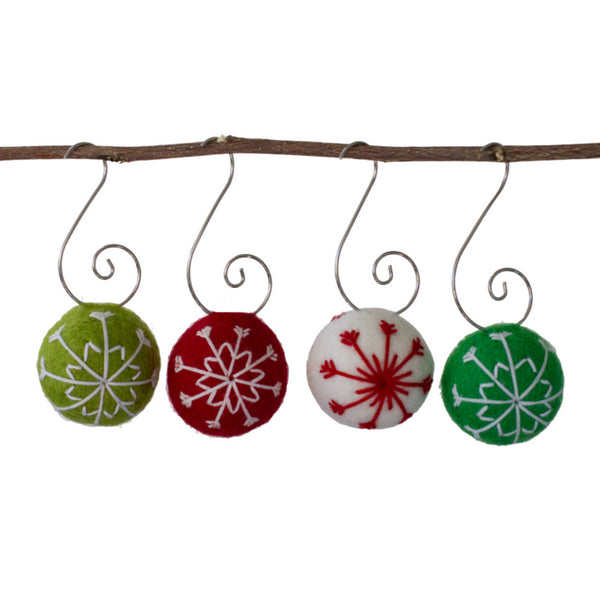 Snowflake Felt Ball Ornaments- Red, Green, White