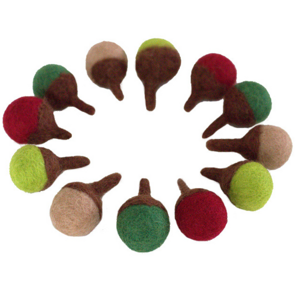 Wool Felt Acorns- Red, Green, Brown