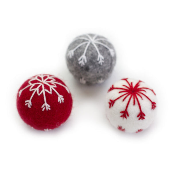 Snowflake Felt Balls- Red Gray White