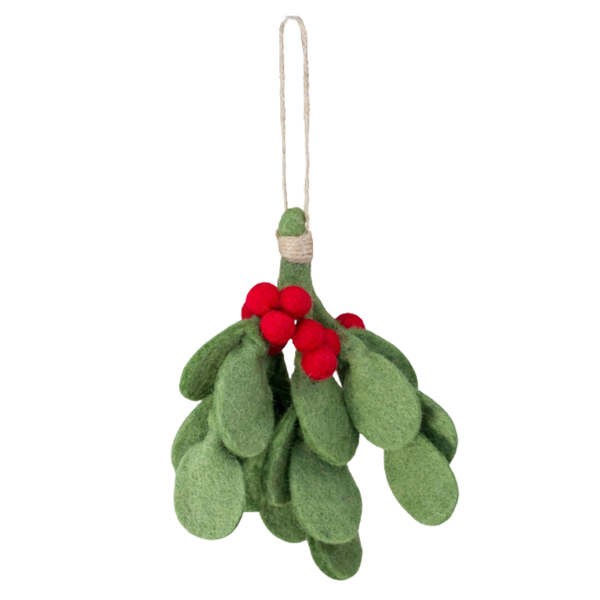 Christmas Mistletoe Sprig- Green with Red Berries, Hanging Twine