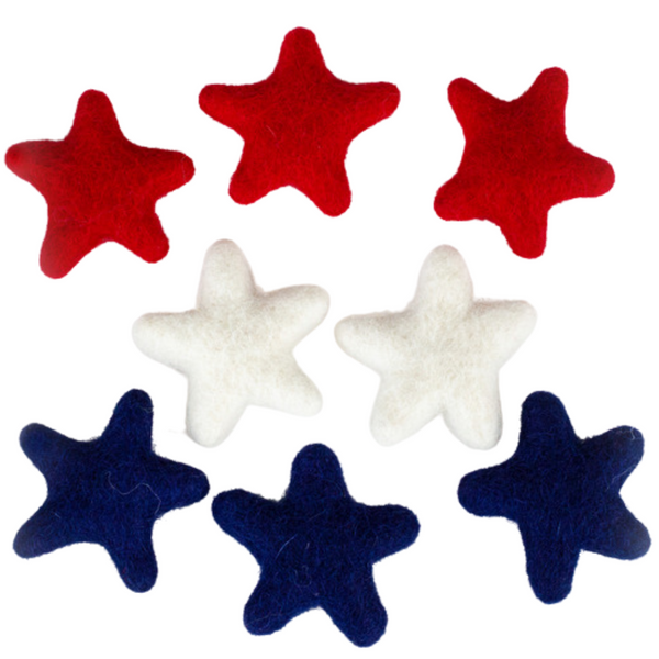 Star Shapes- Fourth of July American Flag Memorial Day- Red White Navy Blue-- SET of 3, 6, 12- 100% Wool- Approx. 1.75"