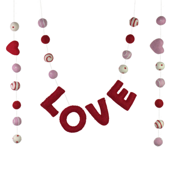 Valentine's LOVE Garland- 6 ft String, 26 Shapes- Red, Pink, White- Dots & Swirls- 1" Felt Balls, 1.75" Hearts, 2" Letters