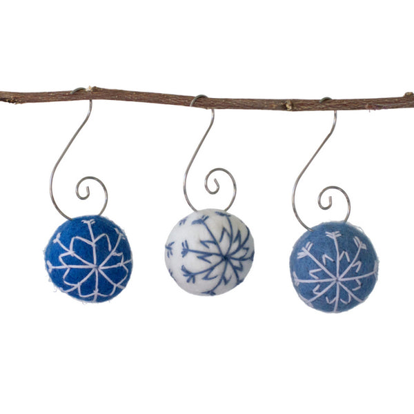 Snowflake Felt Ball Ornaments- Blue, White