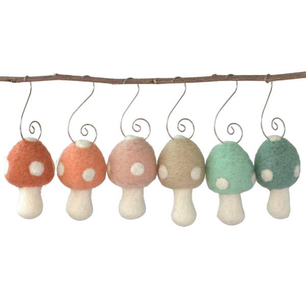 Wool Felt Mushroom Ornaments- Teals & Peaches- 6 Pieces