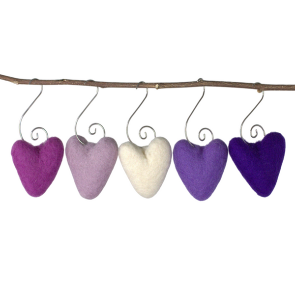 Valentine's Day Folk Heart Ornaments- SET OF 5- Purple, Off White