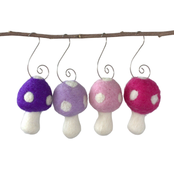 Wool Felt Mushroom Ornaments- Pink & Purple- 4 Pieces