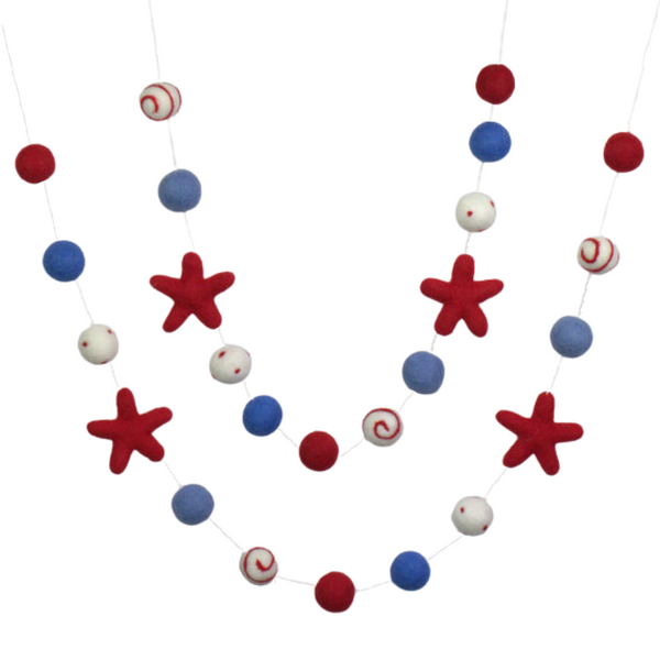 Fourth of July Garland Decor- Swirls & Stars Felt Ball- Red White Blue with Red Stars
