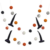 Halloween Witch Hat Decor- Felt Ball Garland- Black Orange White Dots & Swirls- Pom Pom- Fall Autumn Trick or Treat Decor