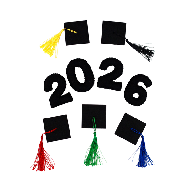 2026 Graduation Shapes- Choose from "2026" Number Set and Mortar Board Caps with Tassels