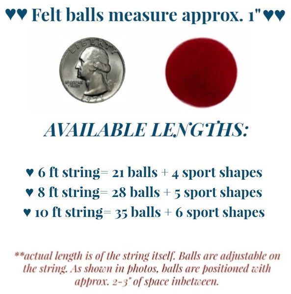 Sports Balls Garland- Navy Blue, Red, White- 100% Wool Felt- 1" Felt Balls