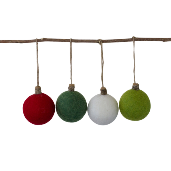 Christmas Felt Ball Ornaments- SET OF 4- Red, Greens, White