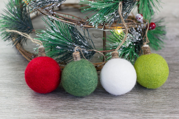 Christmas Felt Ball Ornaments- SET OF 4- Red, Greens, White