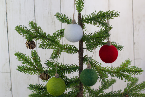 Christmas Felt Ball Ornaments- SET OF 4- Red, Greens, White