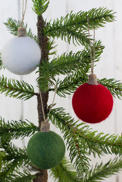Christmas Felt Ball Ornaments- SET OF 4- Red, Greens, White