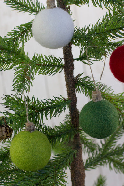 Christmas Felt Ball Ornaments- SET OF 4- Red, Greens, White