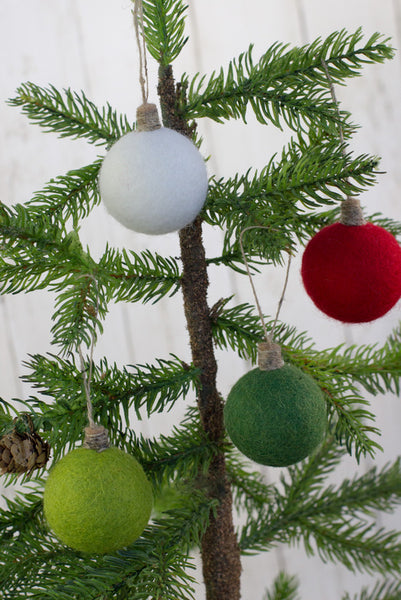 Christmas Felt Ball Ornaments- SET OF 4- Red, Greens, White