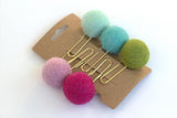 Felt Ball Planner Clip Bookmark- SET OF 5- Turquoise & Gray- Planner Accessories - Page Marker Pom Poms - 1" Felt Ball
