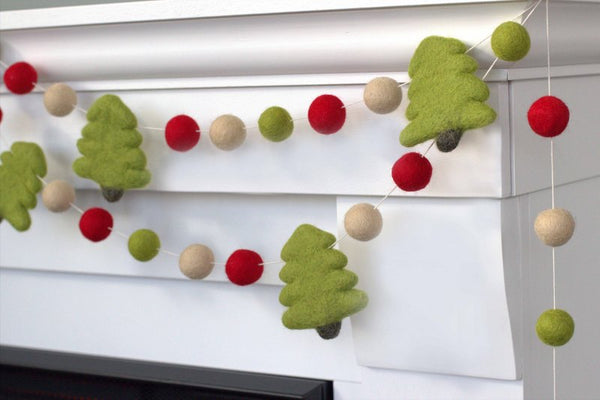 Christmas Tree Garland Decor- Felt Balls-Red, Lime Green, Almond