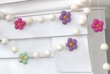 Felt Flower Garland- Pink, Lavender, Seafoam Daisies & White Felt Balls- Spring Summer Easter- 100% Wool
