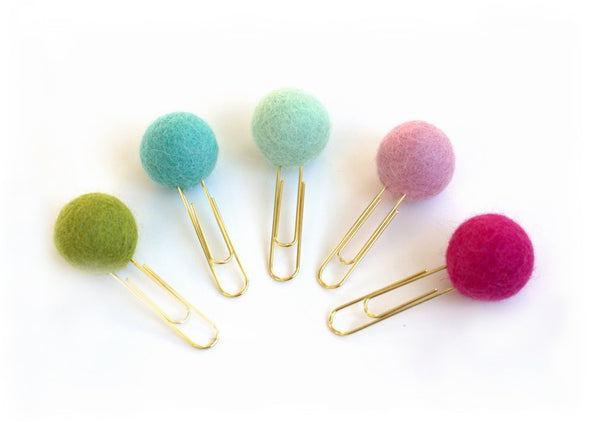 Felt Ball Planner Clip Bookmark- SET OF 5- Lime, Pink & Turquoise Colors- Planner Accessories - Page Marker Pom Poms - 1" Felt Ball