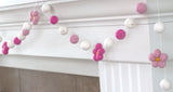Felt Daisy Garland- Baby Pink, Rose & White Felt Flowers & Balls- Spring Summer Easter- 100% Wool