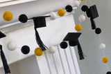 Graduation Cap Felt Ball Garland- Black Gold White with BLACK tassels - 1" (2.5 cm) Wool Felt Balls- Graduation Hat Party Decor Banner…