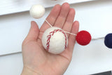 Baseball Garland- Navy Blue, Red, White- 100% Wool Felt- 1" Felt Balls, 1.75" Baseballs