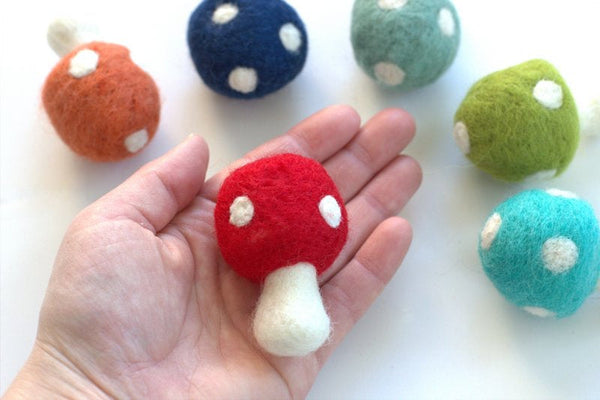 Wool Felt Mushrooms- Pink, Purple, Blue, Green- 6 Pieces