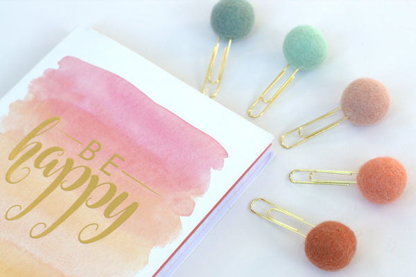 Felt Ball Planner Clip Bookmark- SET OF 5- Peach & Turquoise Colors- Planner Accessories - Page Marker Pom Poms - 1" Felt Ball
