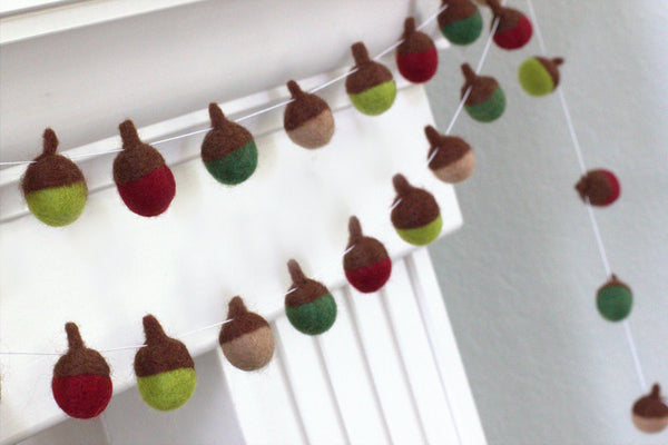 Felt Acorn Garland- Red & Green- Christmas Winter Holiday Decor
