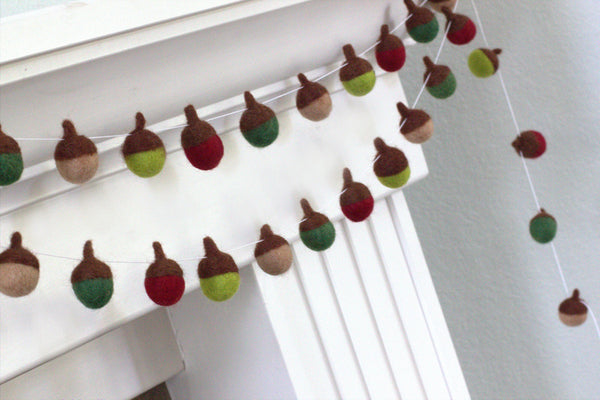 Felt Acorn Garland- Red & Green- Christmas Winter Holiday Decor